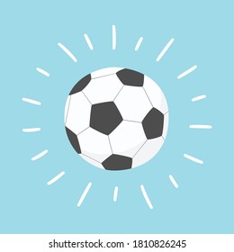 Shining football ball. Sport card. Hand drawn vector illustration in cartoon and flat style on blue background
