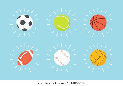 Shining football, basketball, baseball, tennis, volleyball, water polo ball. Hand drawn vector illustration in cartoon and flat style on blue background