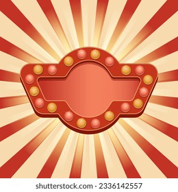 Shining frame with light bulbs on retro background with sunbeams.  Abstract retro light banner.