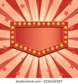 Shining frame with light bulbs on retro background with sunbeams.  Abstract retro light banner. 