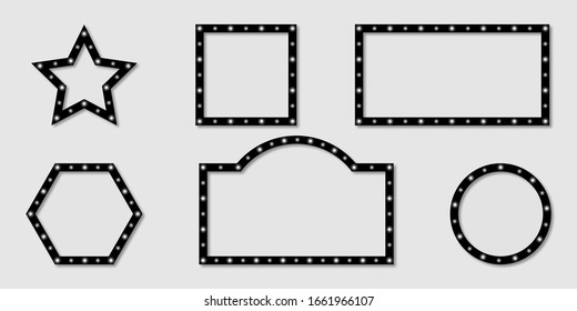 Shining frames billboard collection. White light on frames billboard different shapes with shadow. Retro light signs. Shining banners black color. Vector illustration.