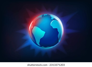 Shining futuristic Earth with rays. 3d vector illustration