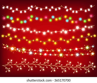 Shining garland colorful set on red background to decorate card, poster, banner, flyer and for Christmas design. Collection of glowing vector garlands