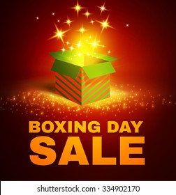 Shining Gift Box With Fireworks. Boxing Day Sale Poster. Vector Illustration