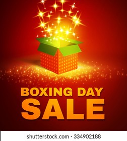 Shining Gift Box with Fireworks. Boxing Day Sale Poster. Vector illustration