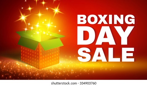 Shining Gift Box with Fireworks. Boxing Day Sale Flyer. Vector illustration