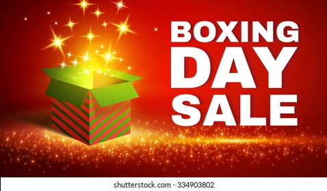 Shining Gift Box with Fireworks. Boxing Day Sale Flyer. Vector illustration