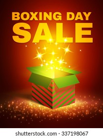 Shining Gift Box with Fireworks. Boxing Day Sale Poster. Vector illustration