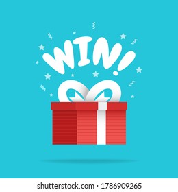 Luminosa caja de regalo con signo y estrellas Win, caja de regalo con cinta, gran regalo sorprendente, programa de recompensa, premio especial, icono plano, ilustración vectorial