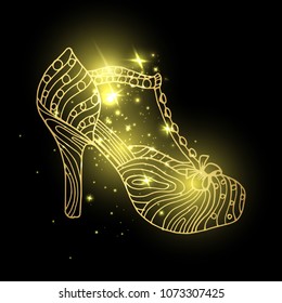 shining girl shoes. Golden female boots with blinking stars, women clothing accessory in cosmos. Glamor and shopping, vogue and trend, boutique theme