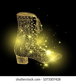 shining girl shoes. Golden female boots with blinking stars, women clothing accessory in cosmos. Glamor and shopping, vogue and trend, boutique theme