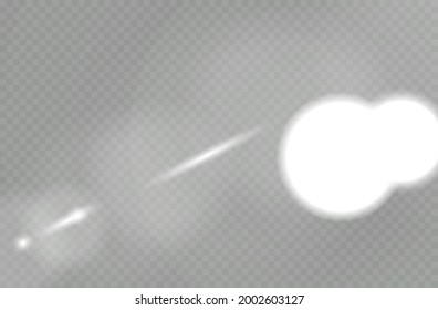 Shining glare rays, lens flare. Sun flare with rays and spotlight. Abstract gold front sun lens flare translucent special design light effect. Sunlight glowing png effect. Vector illustration.