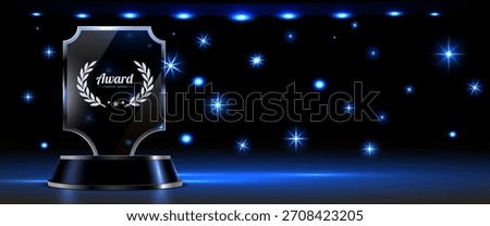 Shining glass award trophy on a dark stage with blue lights, symbolizing achievement and success. Vector illustration