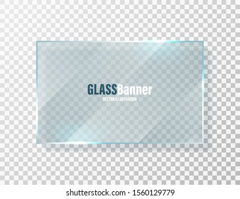 Shining glass frame. Realistic transparent glass banner with glare. Vector design element.