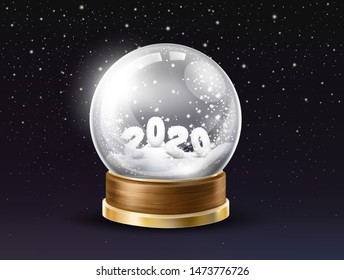 Shining, glass snow globe with 2020 year digits powdered by snow inside 3d realistic vector on black background with falling snowflakes. New Year and Christmas holiday gift or souvenir illustration