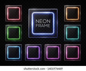 Shining glass texture square banners set. Rectangle frames with led halogen lamp. Reflection effect. Technology signs with blank text place on transparent background. Hud design vector illustration.