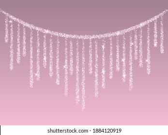 Shining glitter garlands hanging background vector illustration. Light pink gold dust elements falling down, flying circle confetti vertical lines. Premium sparkle garlands holiday silver pink design