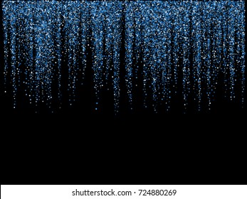Shining glitter garlands hanging background vector illustration. Light dust elements falling down, flying circle confetti vertical lines. Blue sparkle garlands, round tinsels holiday graphic design.
