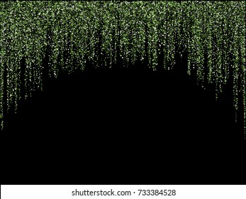 Shining glitter garlands hanging background vector illustration. Light dust elements falling down, flying circle confetti vertical lines. Green sparkle garlands, round tinsels holiday graphic design