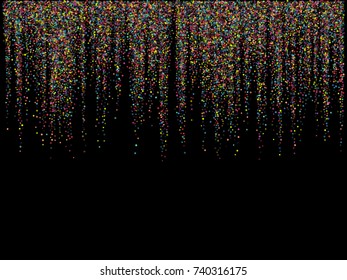 Shining glitter garlands hanging background vector illustration. Light dust elements falling down, flying circle confetti vertical lines. Premium sparkle garlands, round tinsels holiday graphic design