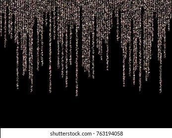 Shining glitter garlands hanging background vector illustration. Light dust elements falling down, flying circle confetti vertical lines. Premium sparkle garlands holiday graphic design in silver pink