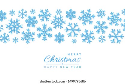 Shining glitter glowing blue snowflakes on white background. Christmas and New Year background. Vector illustration.