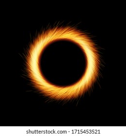 Shining glittering circle with orange sparkles and glowing lights on black background, portal or round frame, vector illustration