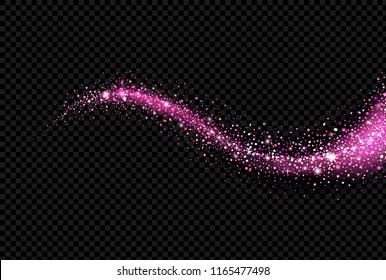 Shining glittering comet with star dust, glowing purple wave on black background.