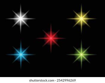 Conjunto de Colores diferentes brillantes de la estrella. Objetos espaciales y Arte vectorial de elementos de Diseño gráfico