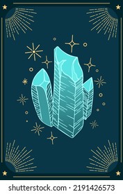 Shining glowing blue crystal. The magic minerals, ritual amulet. Vintage illustration in boho style. Halloween, witchcraft. For logo, posters, cards, banners, fabric printing