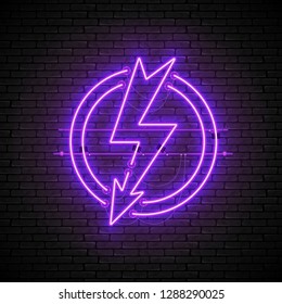 Shining and glowing purple lightning neon sign in circle isolated on brick wall background. Bright neon sign, night advertisement logo, vector illustration.