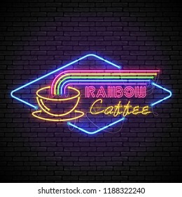 Shining and glowing rainbow neon coffee sign in blue rhomb frame with yellow coffee cup on brick wall. Bright coffee house sign, night advertisement logo, vector illustration.
