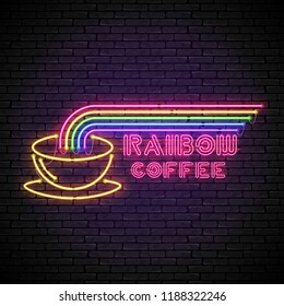 Shining and glowing rainbow neon coffee sign in with yellow coffee cup on brick wall. Bright coffee house sign, night advertisement logo, vector illustration.