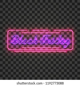 Shining and glowing realistic BLACK FRIDAY purple neon sign in red frame isolated on transparent background. Bright neon sign, night advertisement logo, vector illustration.