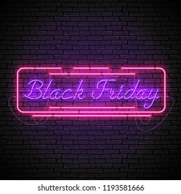 Shining and glowing realistic BLACK FRIDAY purple neon sign in red frame isolated on brick wall background. Bright neon sign, night advertisement logo, vector illustration.