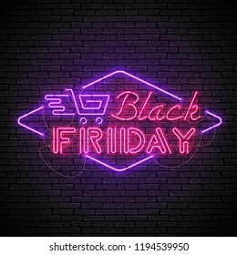 Shining and glowing realistic BLACK FRIDAY red neon sign with purple shopping cart isolated on brick wall background. Bright neon sign, night advertisement logo, vector illustration.