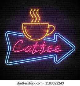 Shining and glowing red neon coffee sign in blue arrow frame with yellow coffee cup on brick wall. Bright coffee house sign, night advertisement logo, vector illustration.