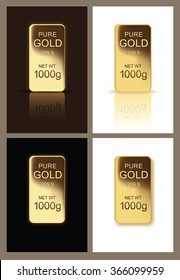 Shining Gold bar with reflection, shadow and text Pure Gold 1000g  isolated on white, black and dark-brown background