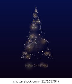 Shining gold Christmas tree. Glow dotted on black background. Vector.