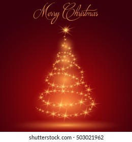 Shining Gold Christmas tree on the red background. Vector illustration