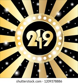 Shining gold circle vintage banner with lights on retro black and golden background. New Year 2019 concept. Vector illustration