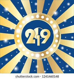 Shining gold circle vintage banner with lights on retro blue and golden background. New Year and Christmas 2019 concept. Vector illustration