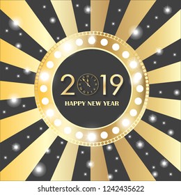 Shining gold circle vintage banner with garland christmas lights on retro grey and golden background. New Year 2019 manga concept. Vector illustration