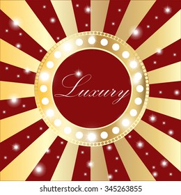 Shining gold circle vintage banner with lights on retro red and golden background. Vector illustration