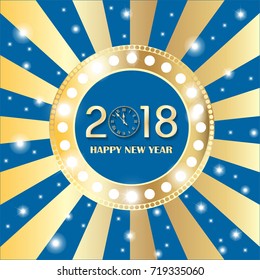 Shining gold circle vintage banner with lights on retro blue and golden background. New Year 2018 concept. Vector illustration