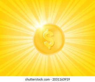 Shining gold coin with sun rays