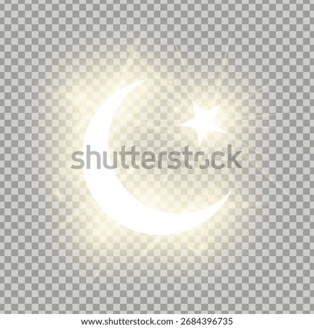 Shining gold Crescent and star isolated on transparent background. Glowing Islam sign. Riligious symbol. Vector illustration