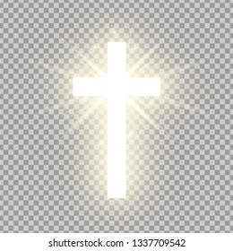 Shining gold cross isolated on transparent background. Riligious symbol. Glowing Saint cross. Easter and Christmas sign. Vector illustration