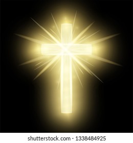 Shining gold cross isolated on black background. Riligious symbol. Glowing Saint cross. Easter and Christmas sign. Heaven concept. Vector illustration