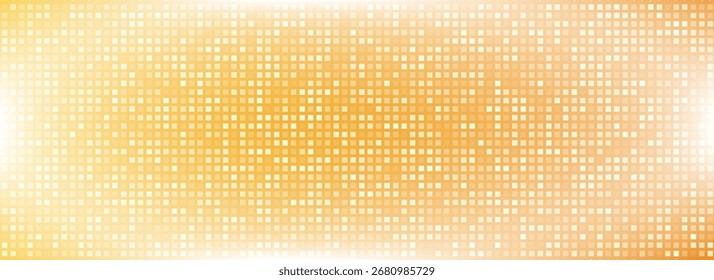 Shining gold disco party pattern background. Iridescent golden sequin mosaic texture. Sparkling yellow halftone wallpaper. Pop up comic glowing glitter backdrop. 70s or 80s vector design template